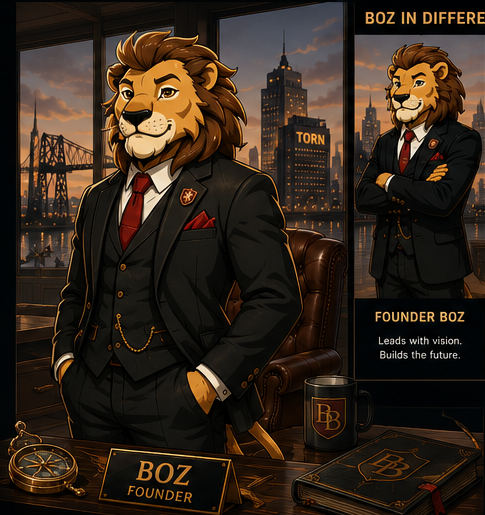 Founder Boz, the BoroBoz lion companion in a suit