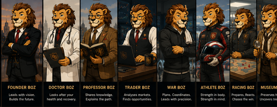 Boz in multiple professional roles including doctor, professor, trader and museum curator